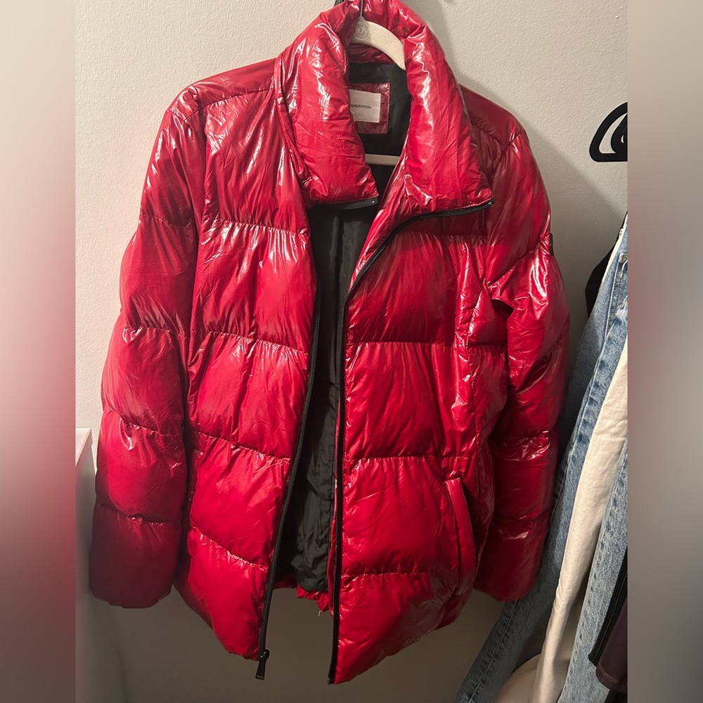 BCBGeneration Red Shiny Puffer Coat in Red